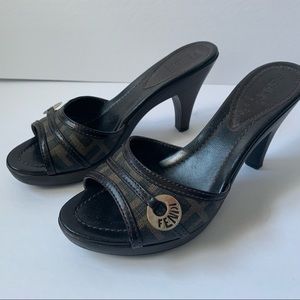 RARE FENDI Zucca Monogram Leather Wood Heel Sandal